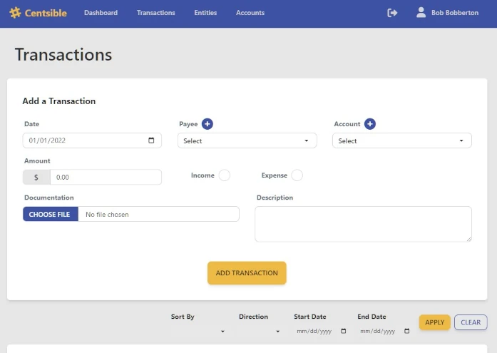 Centsible accounting application screenshot